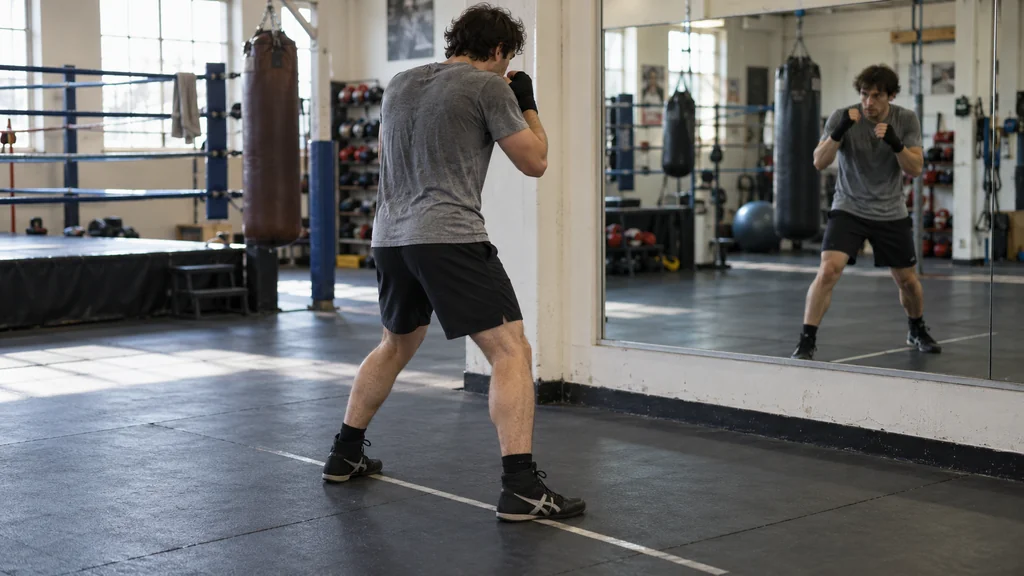 Adult boxer checking a calm rear-foot angle and balanced guard beside a floor line in a modest boxing gym
