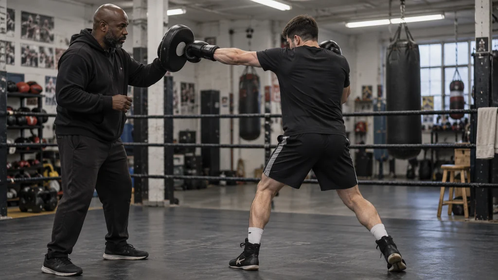 Coach holding a focus mitt while an adult recreational boxer turns the rear heel naturally through a controlled straight punch