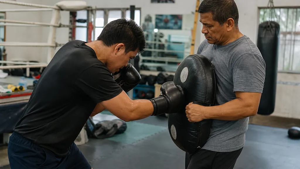Adult boxer practising a controlled body-shot placement drill on a coach-held body shield