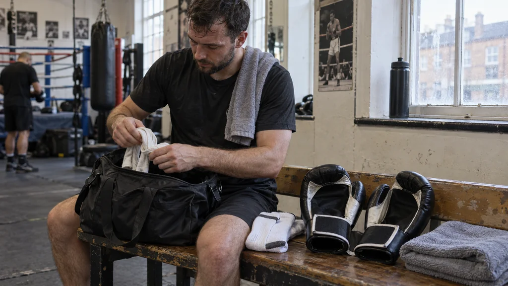 Adult boxer placing clean wraps, dry socks and aired boxing gloves into an open gym bag after training