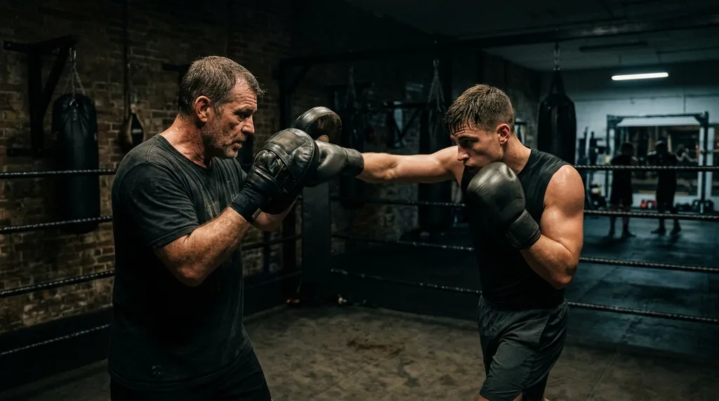 Boxer working on the pads with a coach in a boxing gym