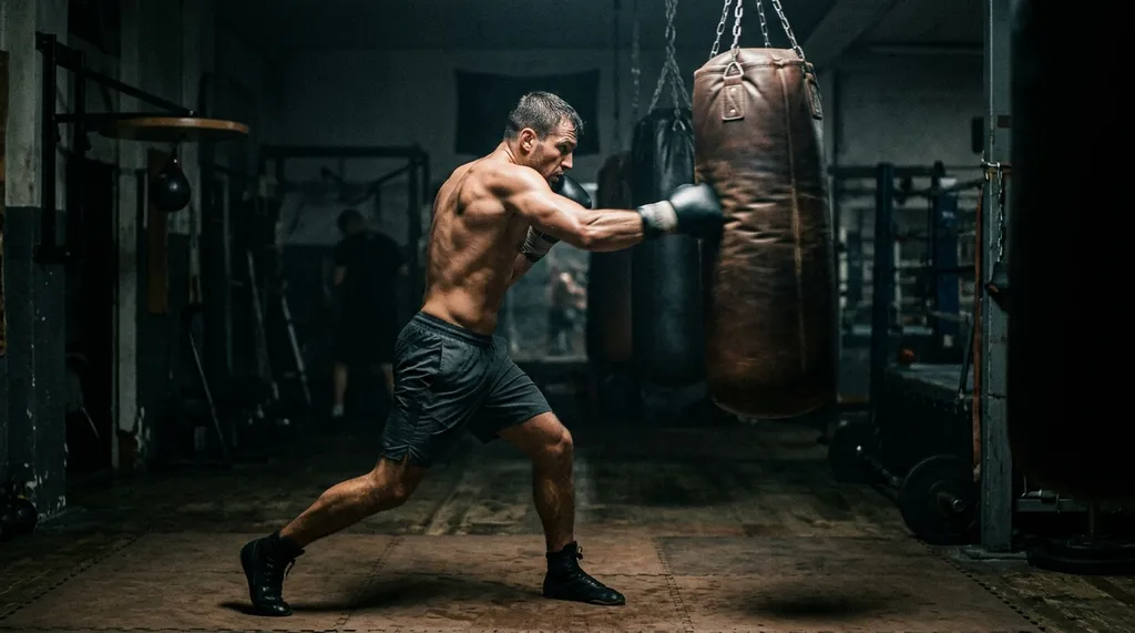 Boxer hitting a heavy bag in training