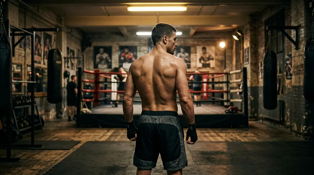 Boxer's physique after training - defined shoulders and core