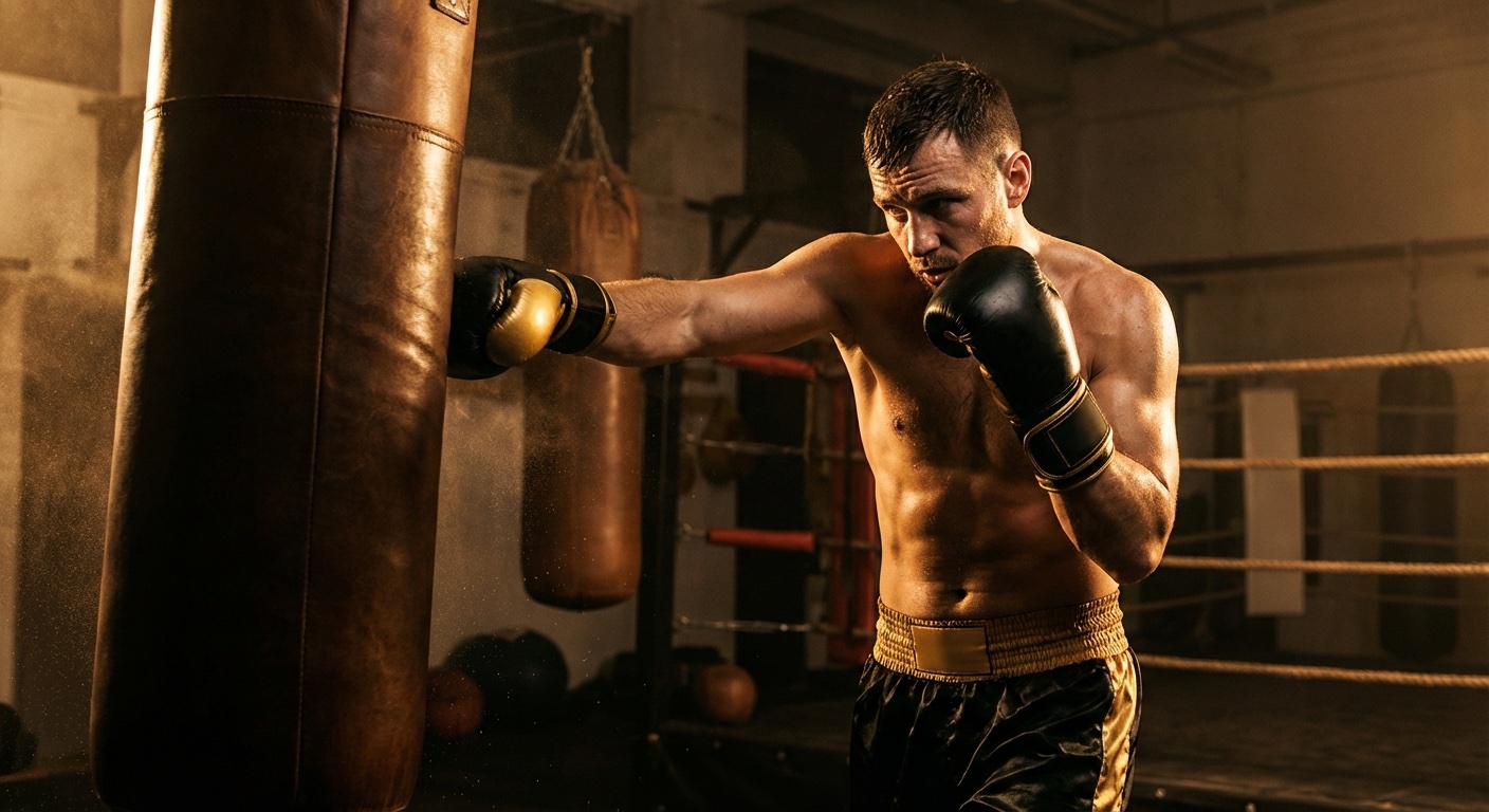 Boxer working the heavy bag in a dark gym with dramatic lighting