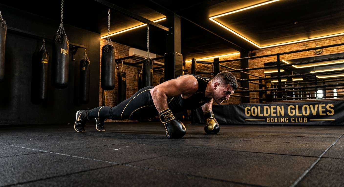 Boxer doing press-ups between rounds in a gym setting