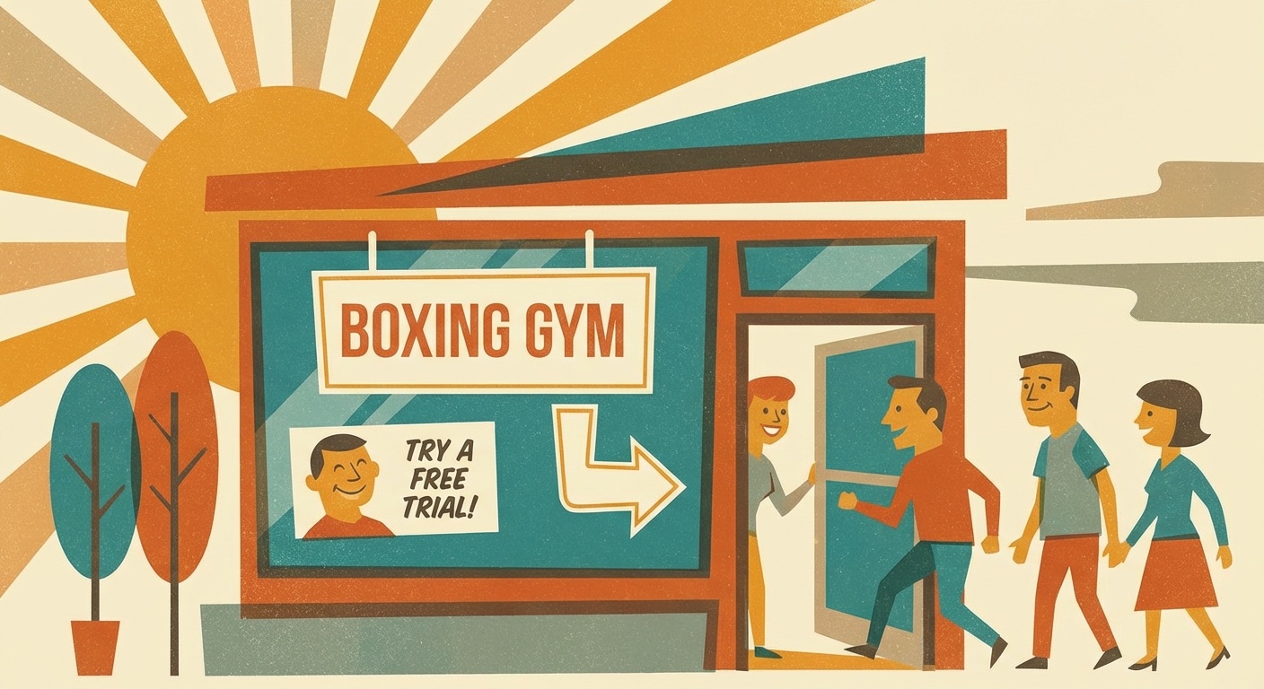 Welcoming boxing gym entrance in mid-century modern illustration style