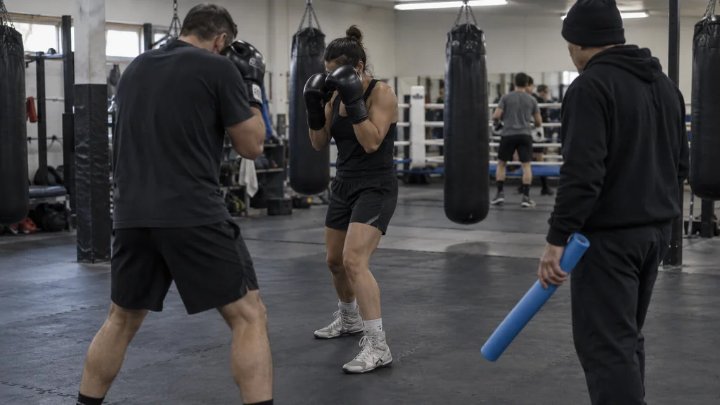 Adult recreational boxers resetting into balanced guards while a coach explains the next movement in a community gym