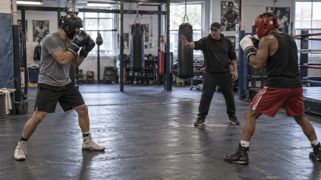 Two adult boxers moving apart in stable stances as a coach calls a controlled break drill