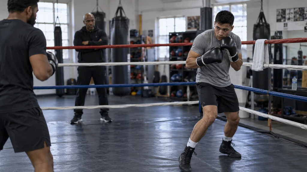 Adult boxer using a compact guard and a short side step away from the ropes during a controlled coaching drill