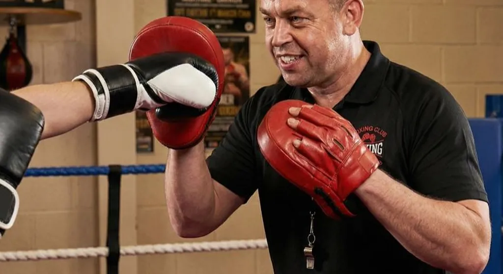 Coach holding pads for a boxing training session at Honour and Glory
