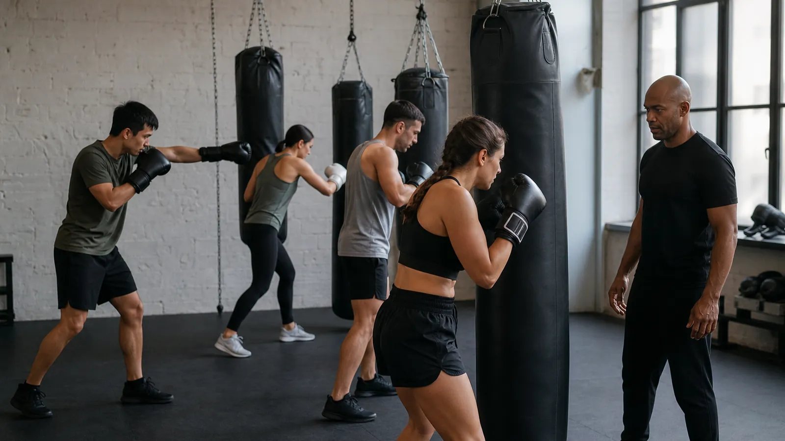 Adult beginners training under coach-led structure in an unbranded boxing gym