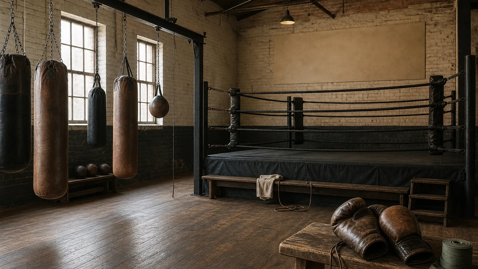 Unbranded boxing training space with ring, bags and gloves before a coached class