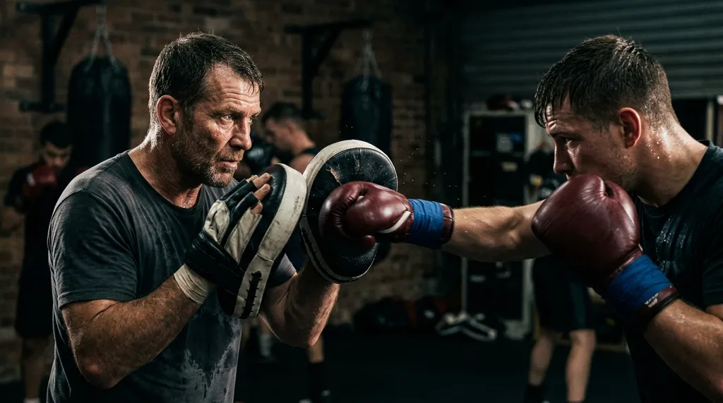 Boxing coach holding pads for a student during a 1-to-1 session at a dedicated boxing gym