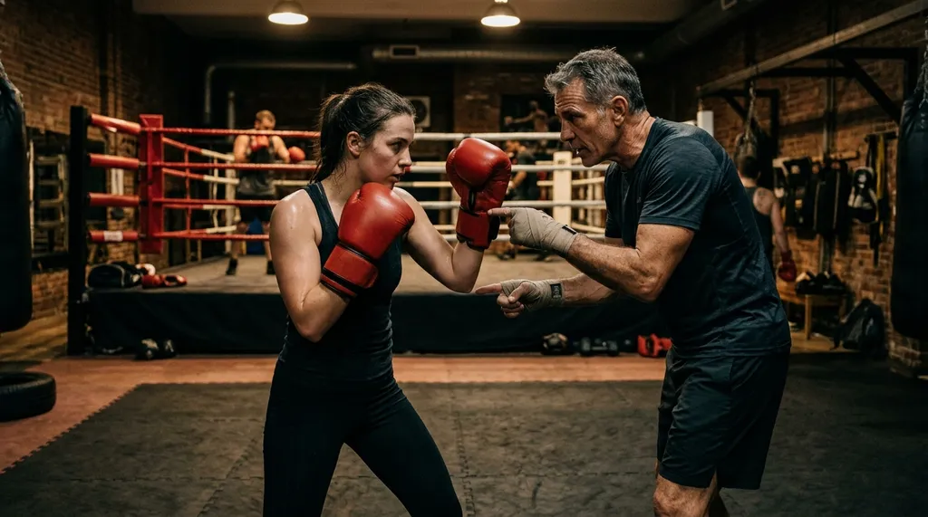 Coach demonstrating jab mechanics to a beginner at Honour and Glory Boxing Club, Kidbrooke