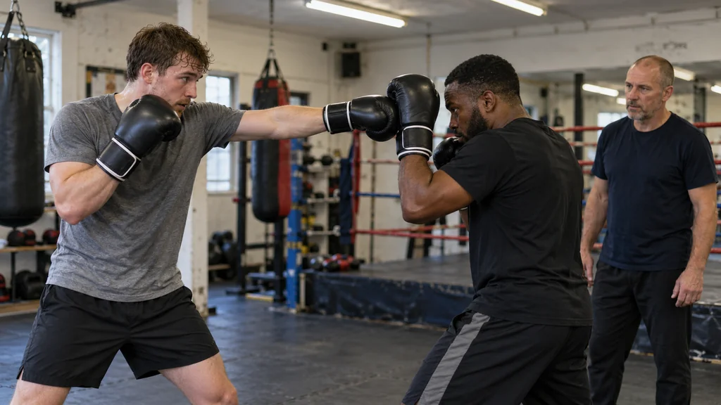 Two adult boxers practising a supervised light jab catch or glove block in a community boxing gym