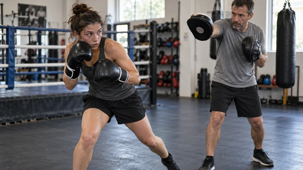 Adult boxer moving off line into a balanced guard after a controlled focus-mitt cue in a technical gym drill