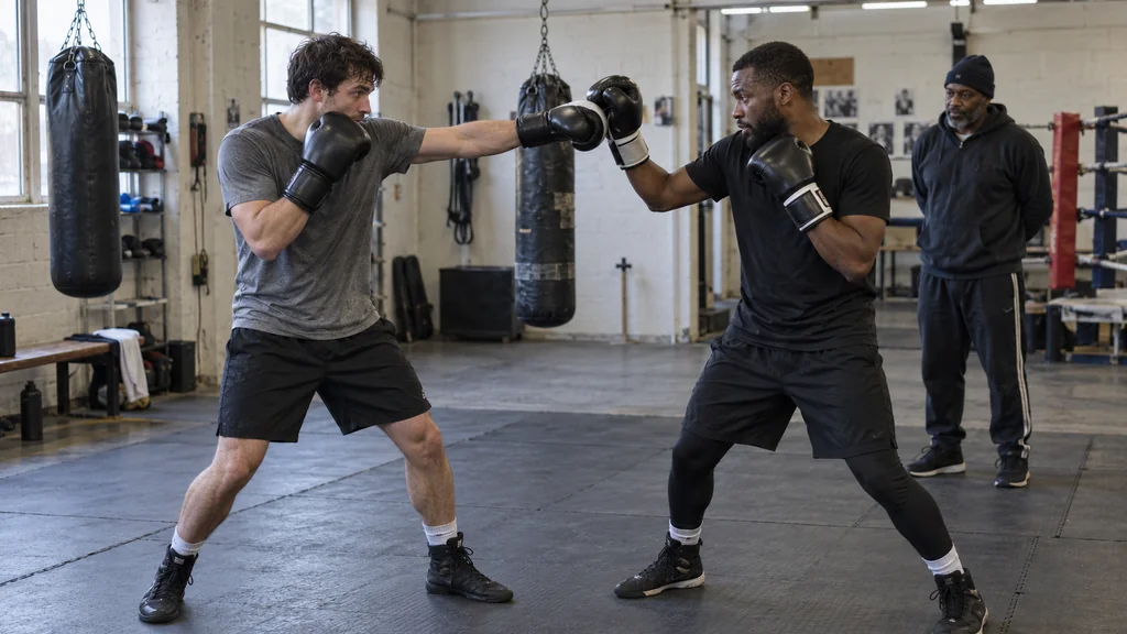 Anonymous adult boxer using a compact hand catch against a coach-held foam noodle during a controlled defensive drill