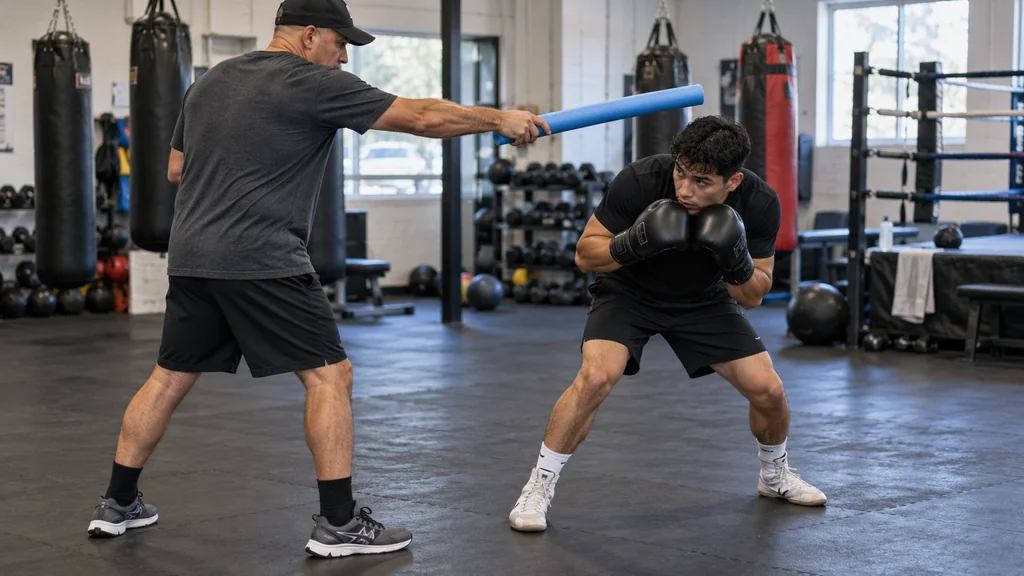 Two anonymous adult boxers practising a measured jab-catch drill under a coach's supervision in a community boxing gym