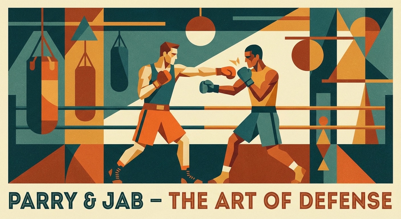 Two boxers training parrying drills, one deflecting a jab with a small hand movement