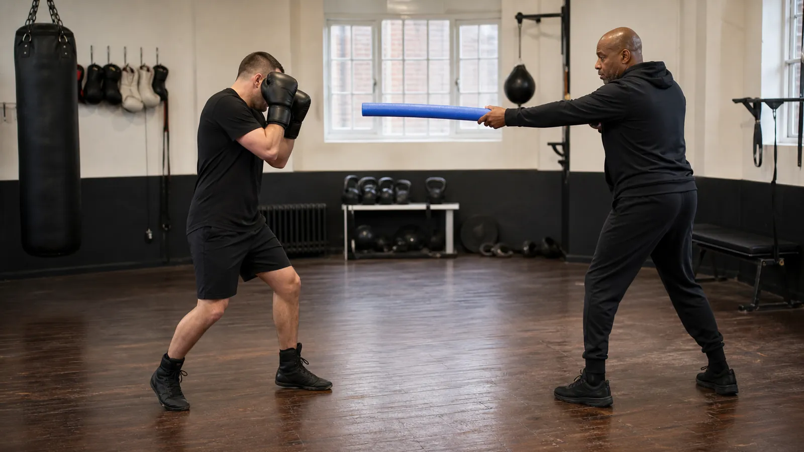 Adult boxer holding a guarded stance while a coach gives a slow foam-noodle straight-punch cue in a non-contact distance drill