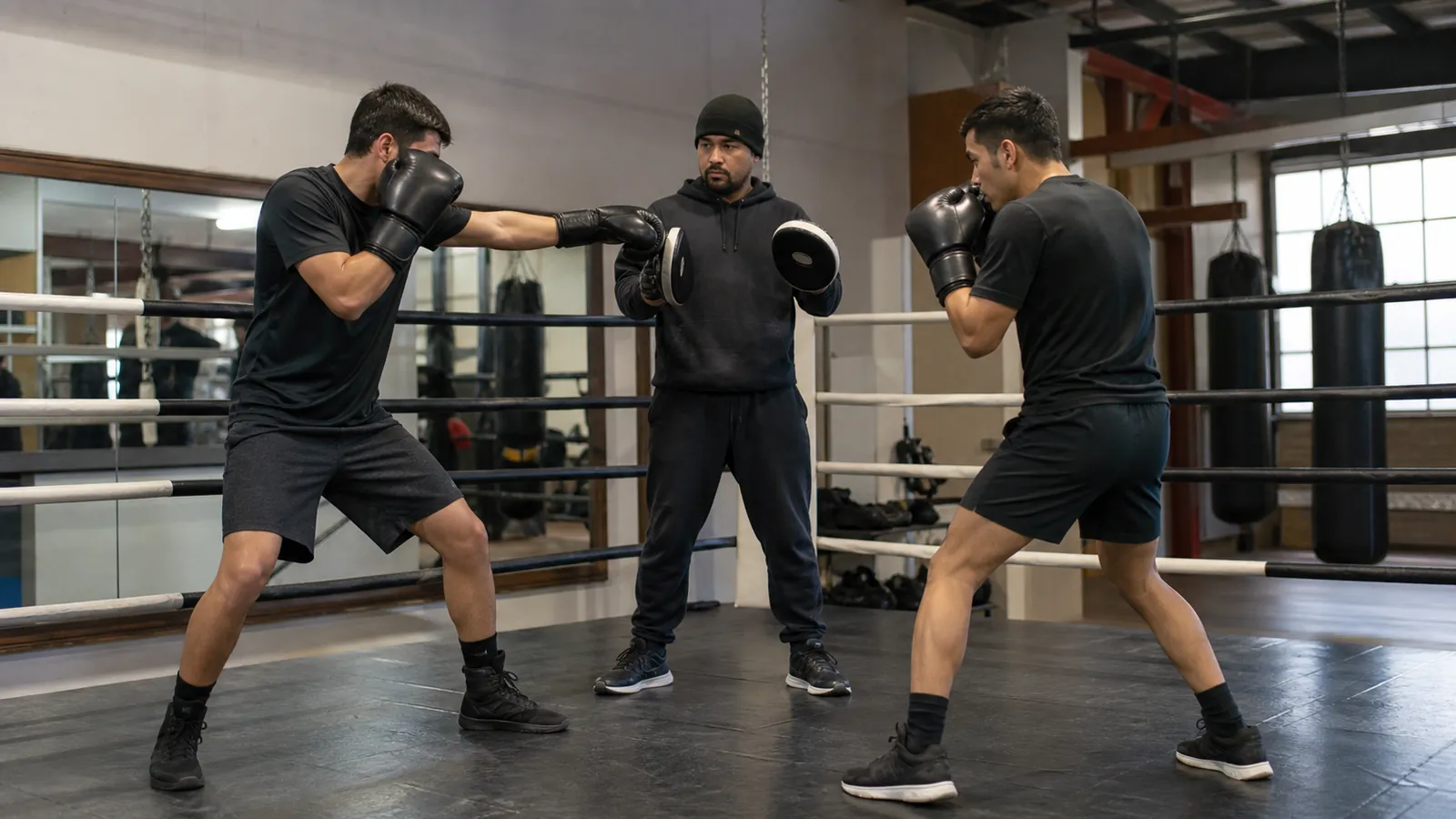 Coach supervising two anonymous adult boxers through a slow lead-hand invitation and response drill with focus mitts