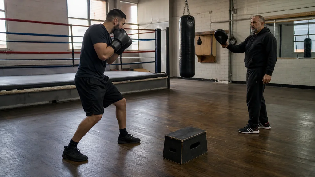 Adult boxer settling into a balanced stance after a low drop-step beside a short plyometric box in a community gym