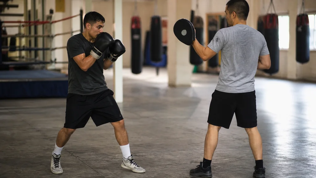 Adult boxer using a small backward step before showing a controlled rear-hand target in a supervised boxing-gym drill