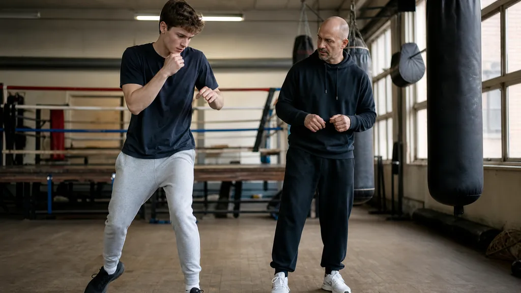 A-level student practising light footwork with a boxing coach during exam season