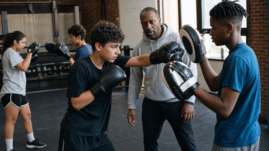 Teenagers practising controlled pad work in a supervised boxing class
