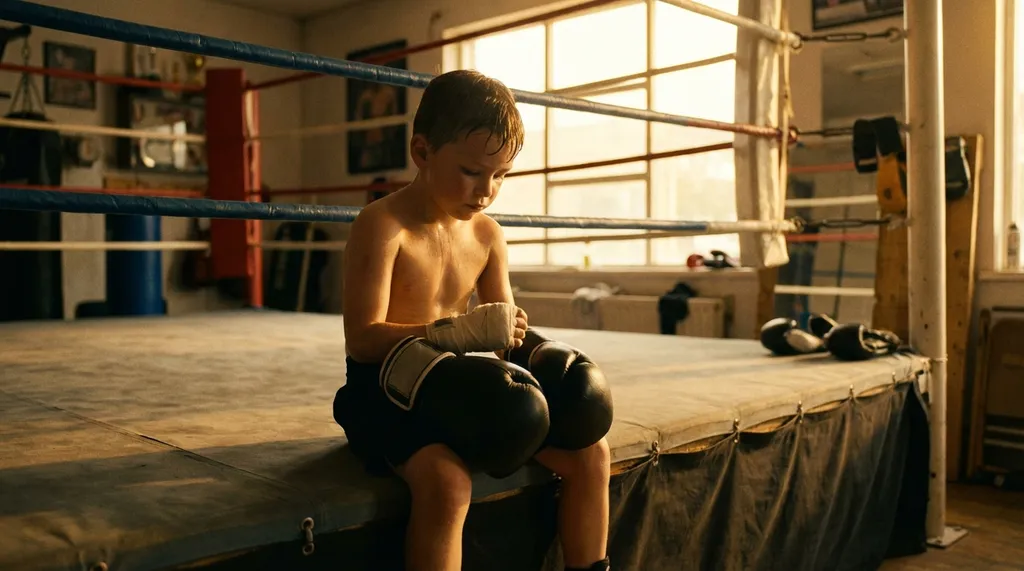 A coach mentoring a young boxer between rounds in the gym