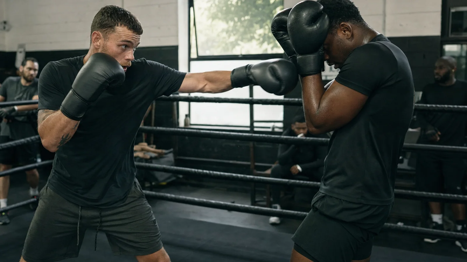 Two amateur boxers entering range with feints and jabs during a controlled exchange