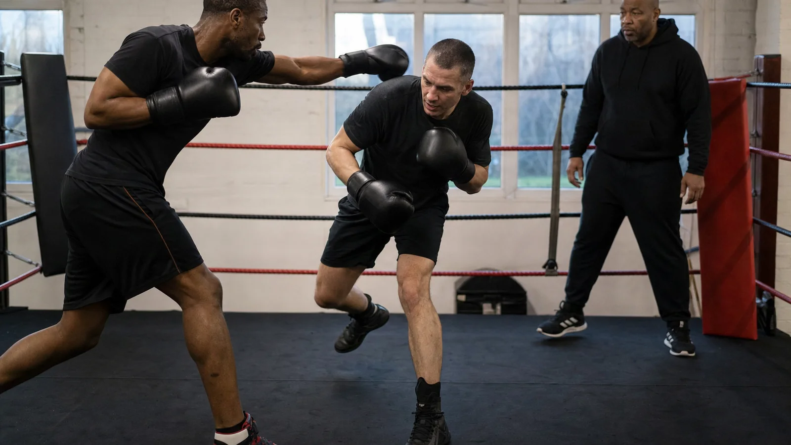 Amateur boxer slipping a counter and returning with the next shot in a counter-counter sequence