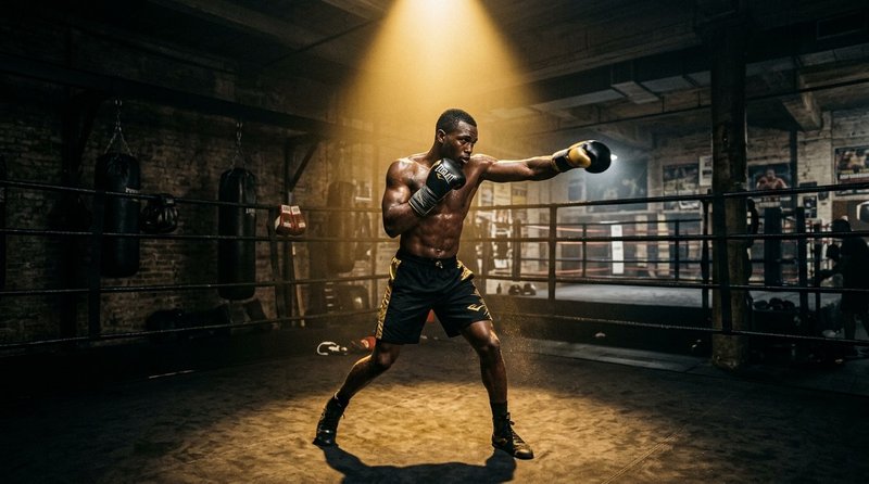 A boxer shadow boxing in a dark professional gym, dramatic gold lighting, focused and controlled movement