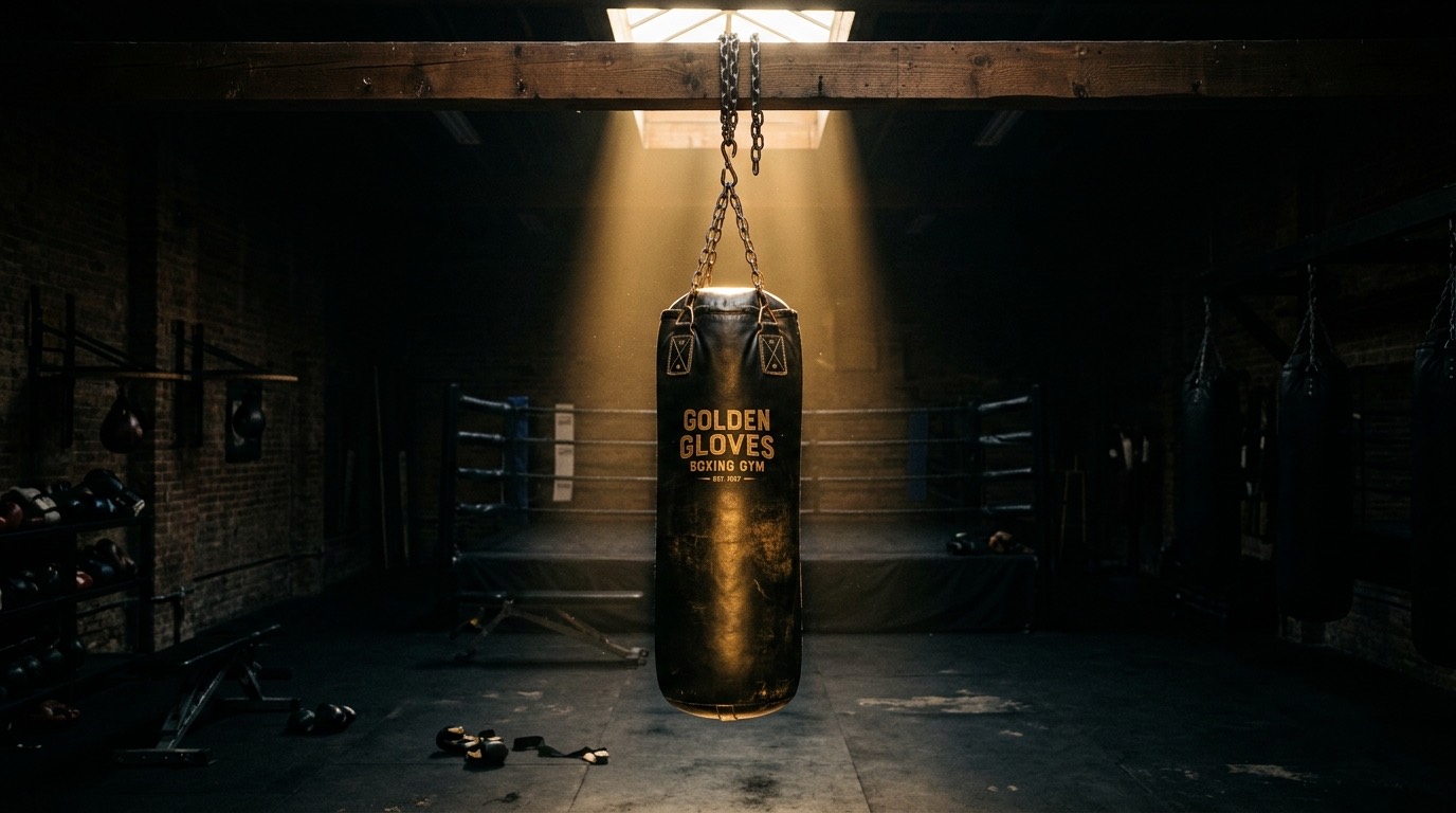 A heavy punching bag hanging in a dark boxing gym illuminated by a single beam of dramatic light