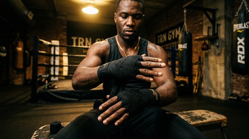 A boxer wrapping their hands before training, close-up shot, black and gold colour palette, dramatic professional lighting