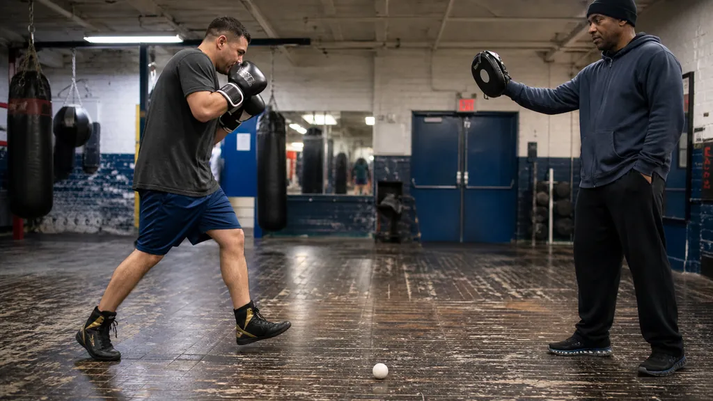 Adult boxer taking a compact step back from a ball range marker while keeping a staggered stance in a coached community-gym drill