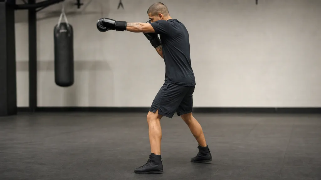 Boxer standing in a balanced stance on a clean gym floor before stepping