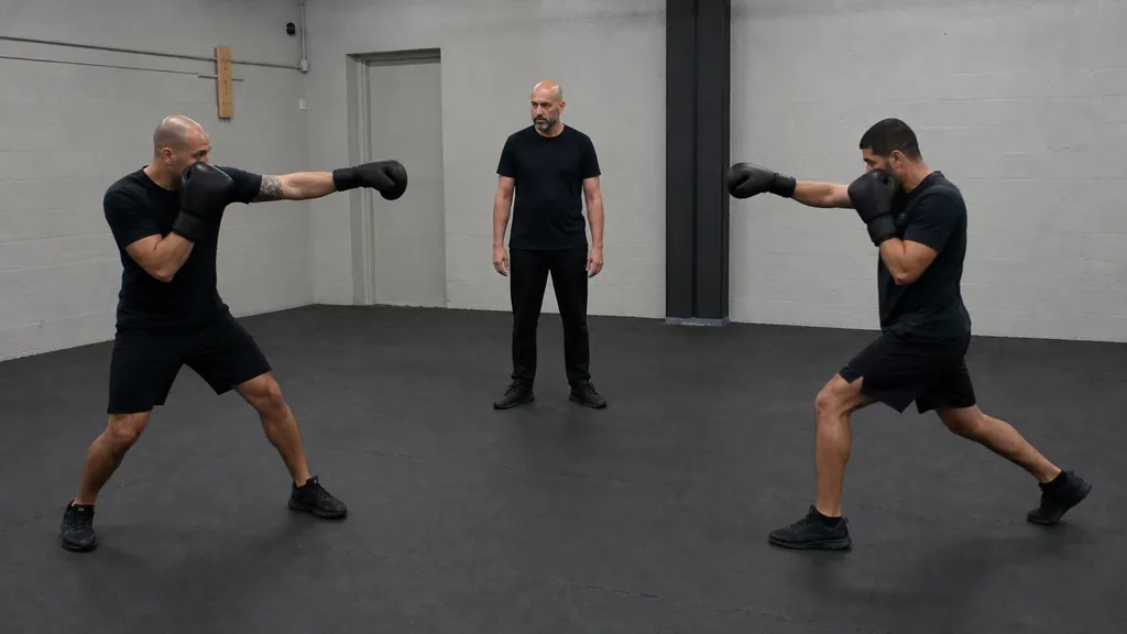 Boxer throwing a controlled jab while keeping a balanced base on a gym mat