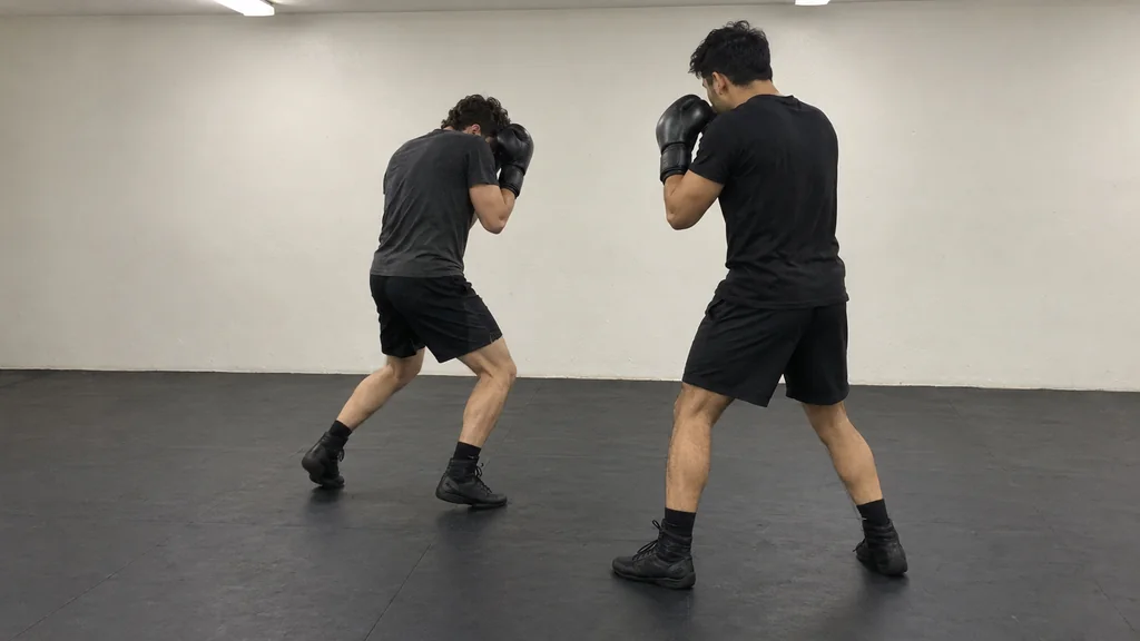 Anonymous adult recreational boxer holding a compact high guard in a plain community boxing gym