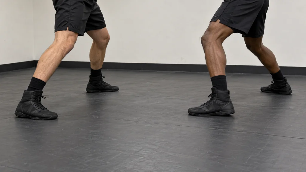Two anonymous adult boxers showing balanced diagonal-exit footwork from the waist down on a plain gym mat