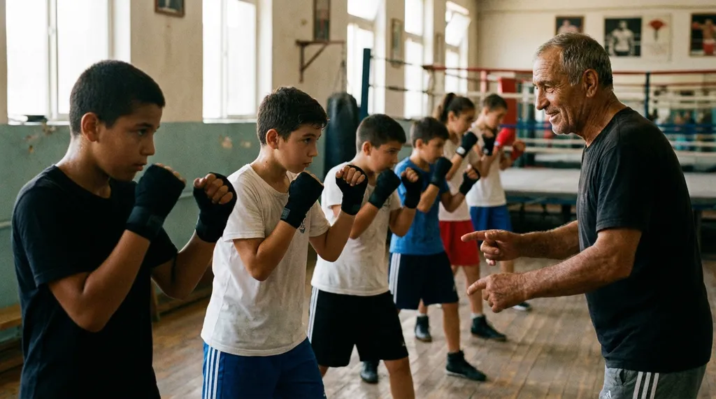 Group of children in a boxing gym doing shadow boxing together with a coach