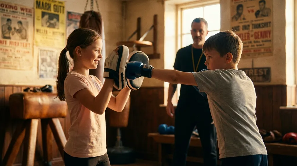Children doing structured partner pad work in a boxing gym