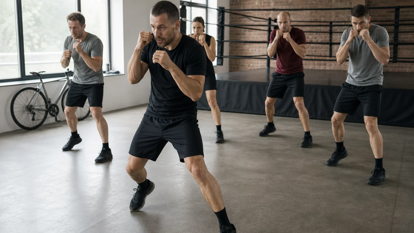 Adult cyclists practising boxing footwork as off-bike cross-training