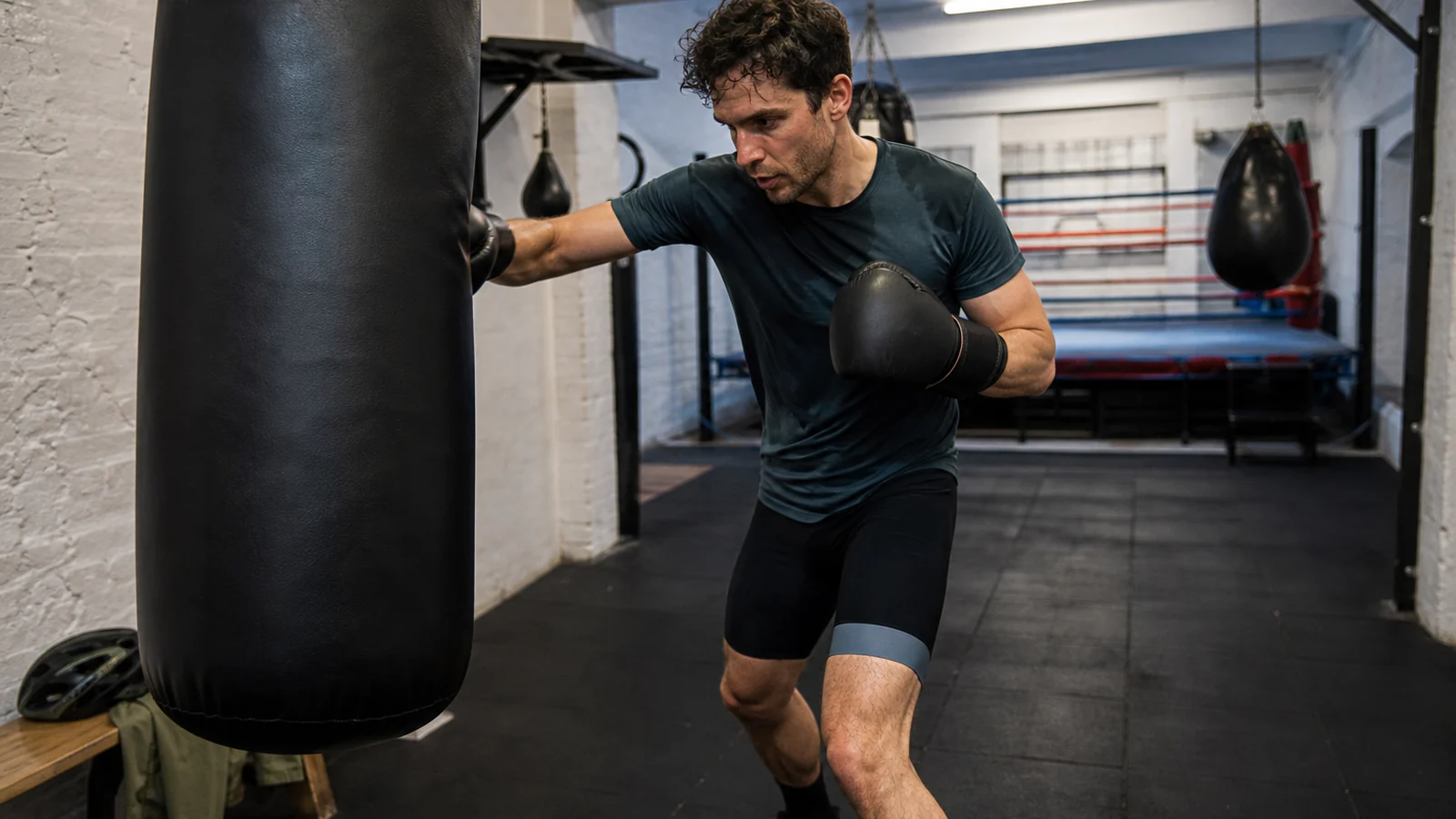 Adult cyclist using boxing rounds as cross-training intervals