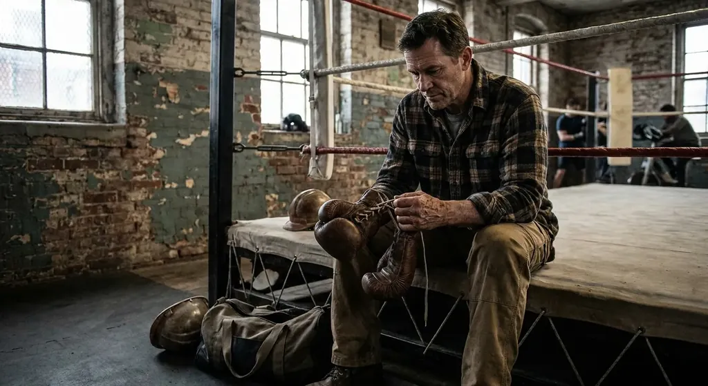 A dad tying his gloves before an adult boxing session