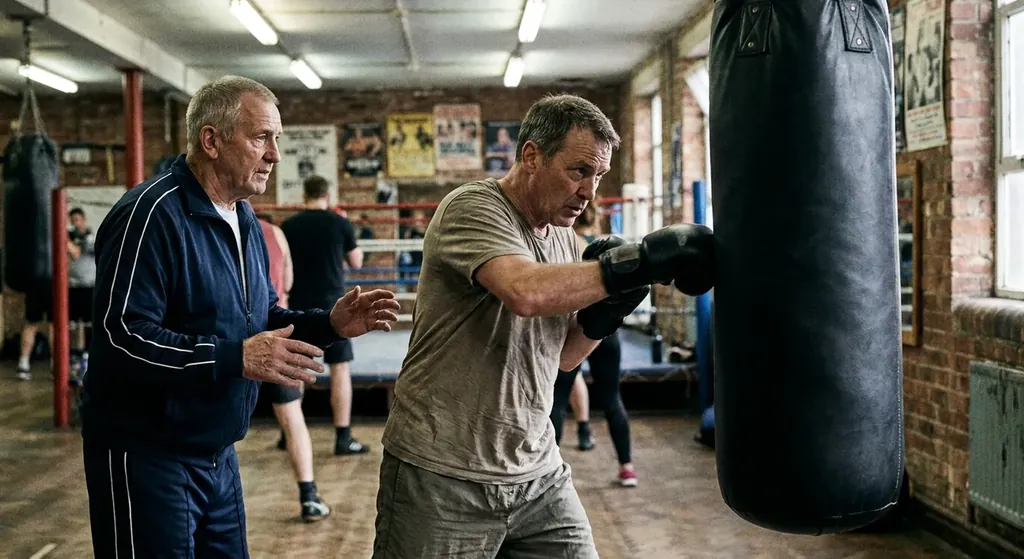 An adult beginner working the heavy bag under a coach's supervision