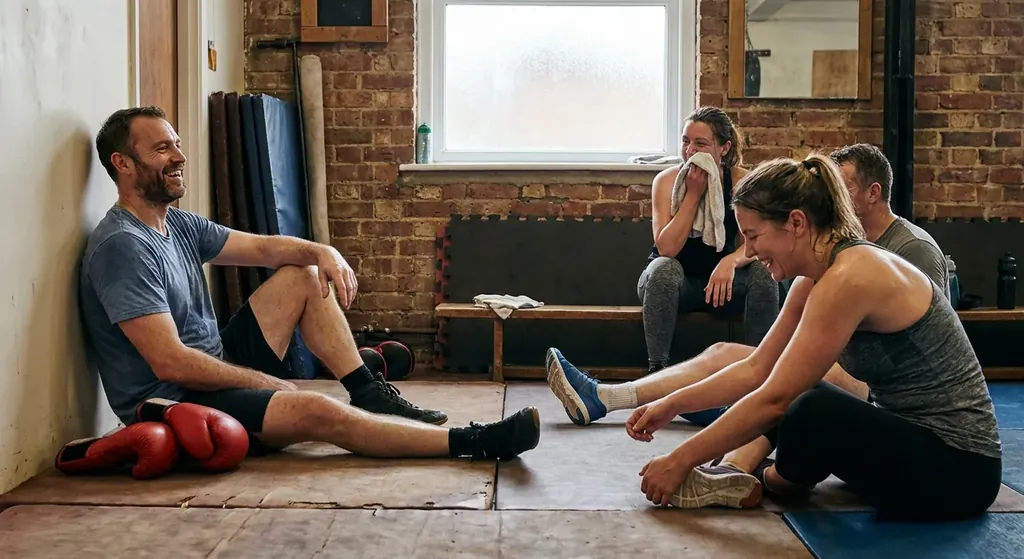 Adults cooling down together after a community boxing class
