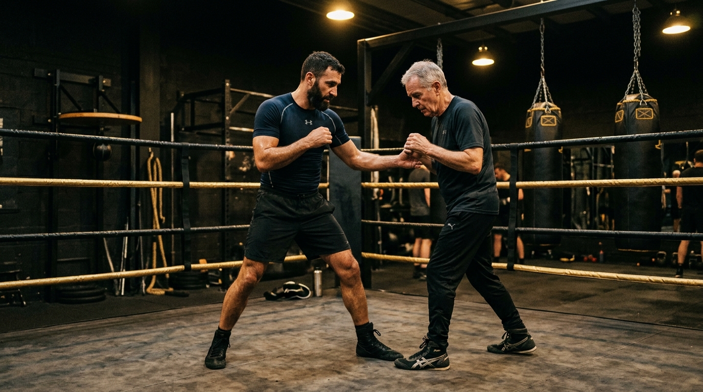 A boxing coach working with an older adult on coordination and balance drills in a bright gym