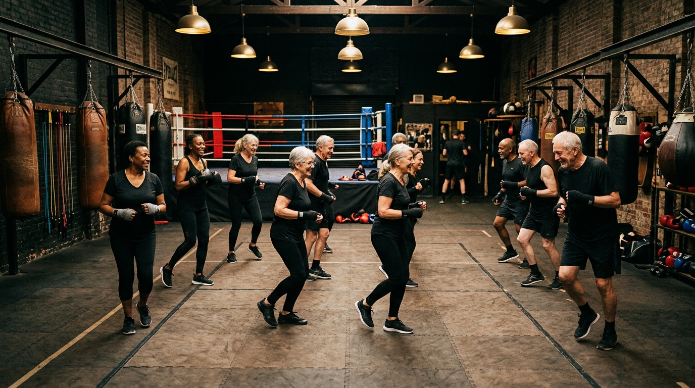 A group of people in a boxing gym doing footwork and coordination drills together, supportive atmosphere