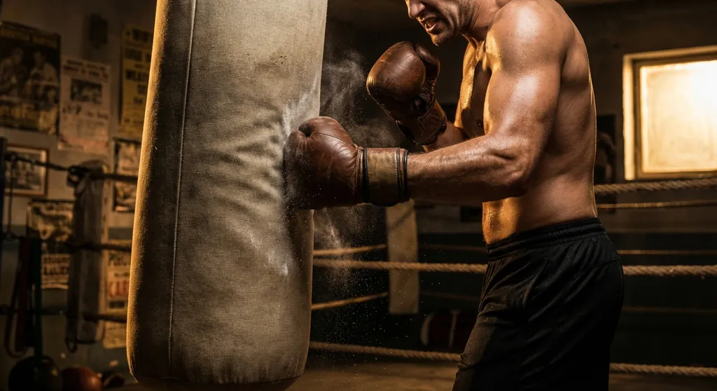 Boxer hitting the heavy bag with power - cross training for marathon runners builds core strength